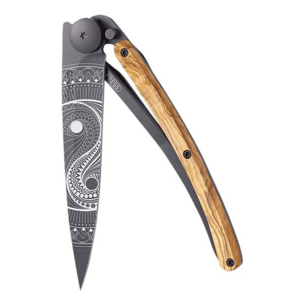 Nůž Deejo Tattoo Black Yin a Yang – Olive wood