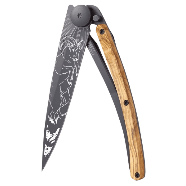 Nůž Deejo Tattoo Black 37g, Olive Wood, Aries
